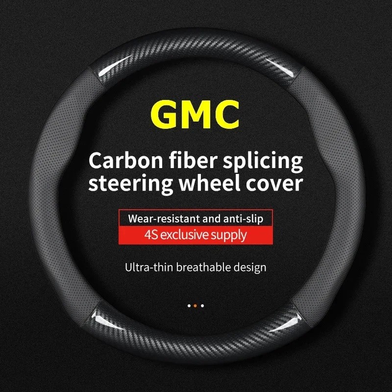 For GMC Steering Wheel Cover Genuine Leather Carbon Fit Acadia Canyon Envoy Denali Granite Hummer Ji