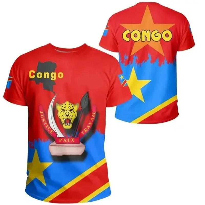 Kaos dengan cetakan lambang negara Republik Demokratik Kongo. Model baru. Kaos grafis lengan pendek.