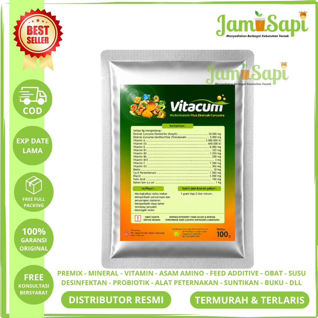 VITACUM 100 gram - Vitamin Ayam Herbal Kunyit Temulawak Tingkatkan Nafsu Makan & BB like Vitakur