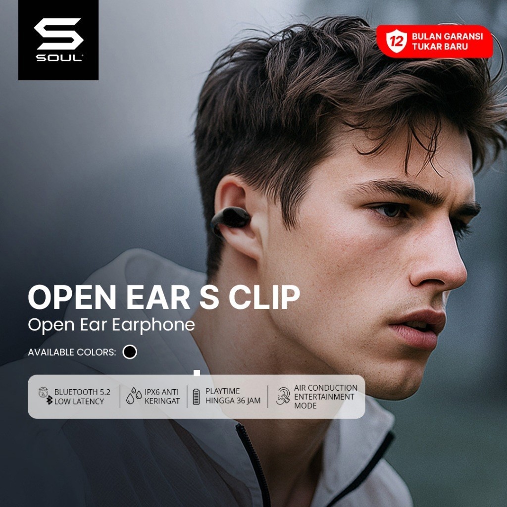 SOUL Clip Open Ear Earphone Lightweight IPX6 Bluetooth Low Latency Anti Keringat Olahraga Latihan Ko