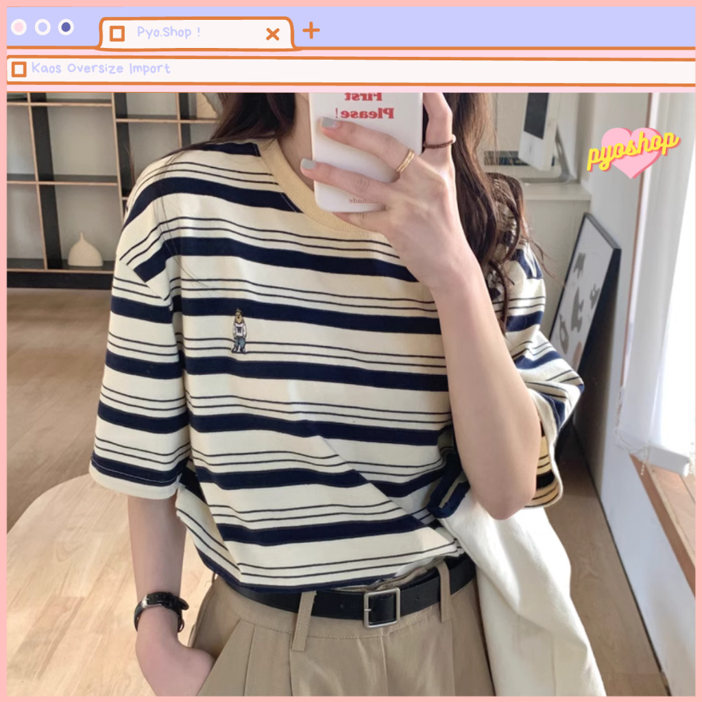 Promo Kaos Stripe Oversized Import Wanita Bordir Korean