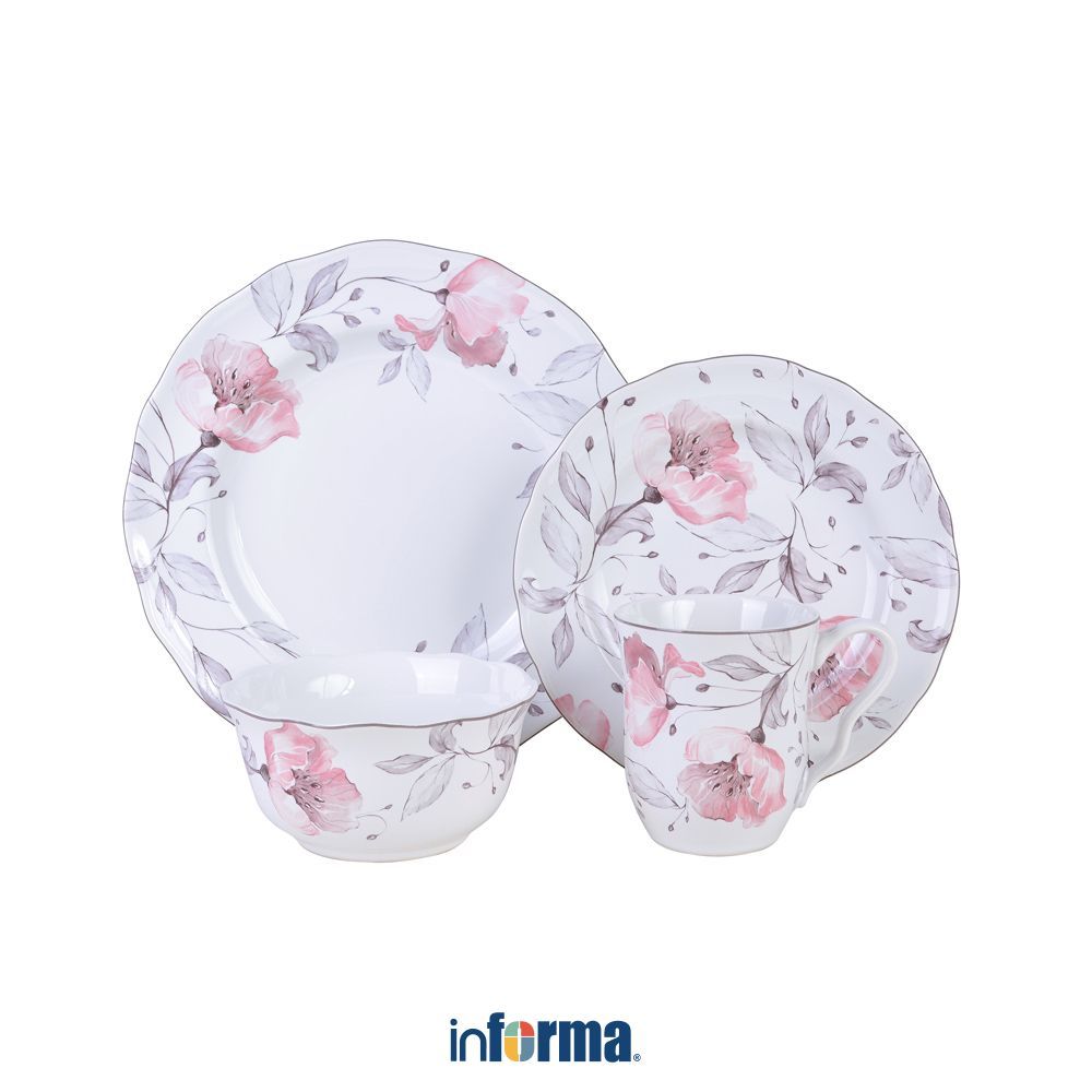 Informa Appetite Perlengkapan Makan Peony Set 16 pcs - Pink Dining Set Tableware Alat Makan Dinner S