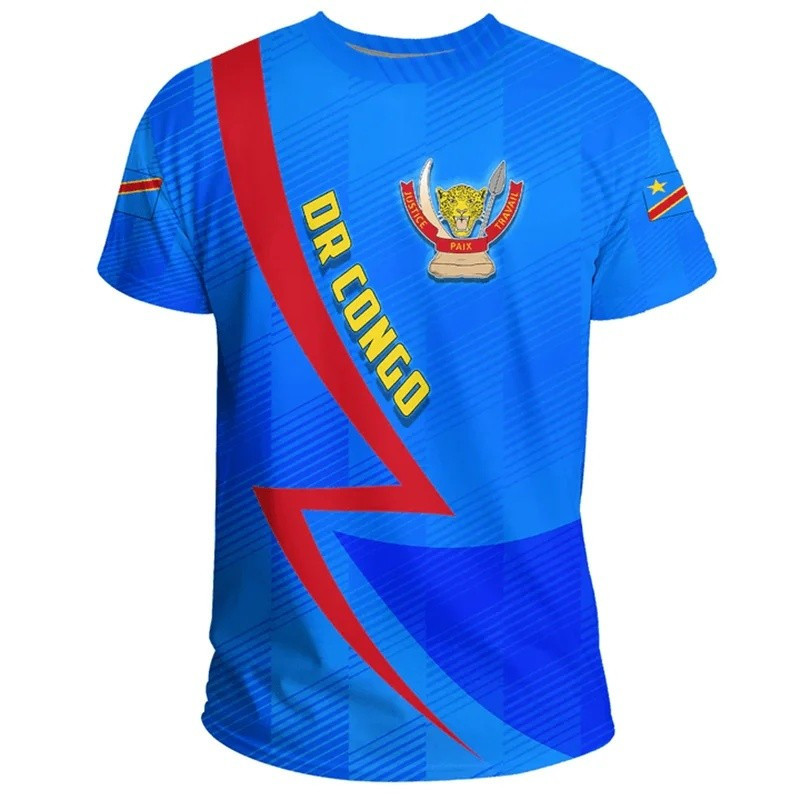 Kaos dengan gambar lambang negara Republik Demokratik Kongo. Kaos kasual, berkerah bulat, dan berlen