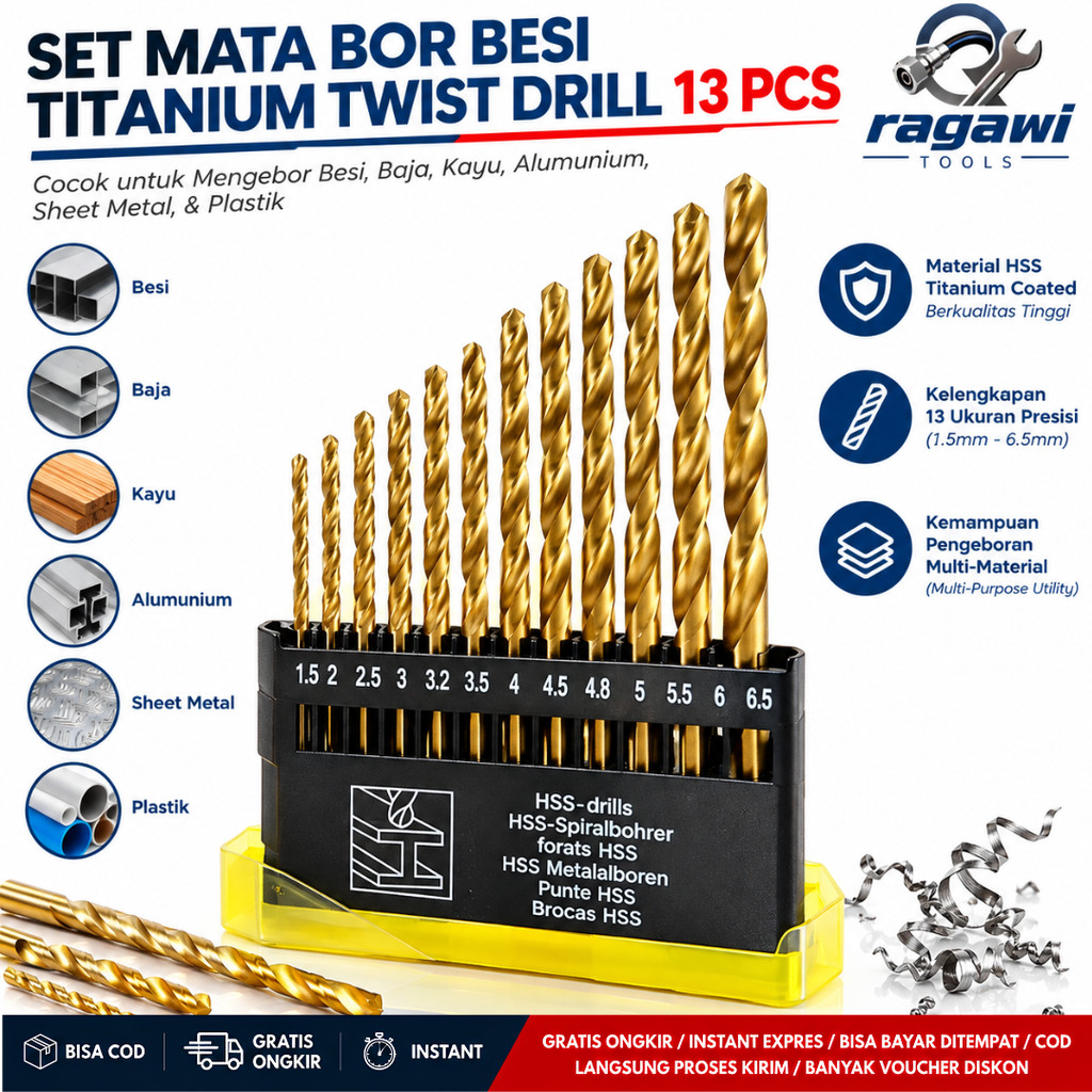 Set Mata Bor Titanium 13Pcs Mata Bor Kayu Besi Set Komplit / Titanium Twist Drill Set Mata Bor Lengk