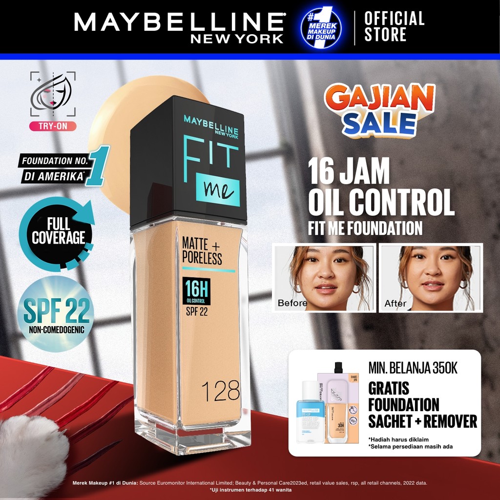 MAYBELLINE OFFICIAL Fit Me Matte + Poreless Liquid Foundation Make Up 30ml SPF 22 Makeup Ringan High