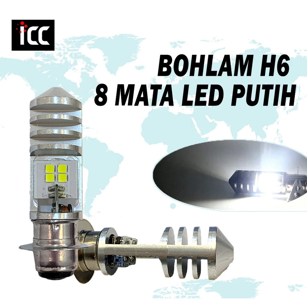 Bohlam LED H6 8 LED 2 Sisi Putih Modish ICC LAMPU MOTOR DEPAN LED H6 8 MATA MOTOR BEBEK MATIC AC DC