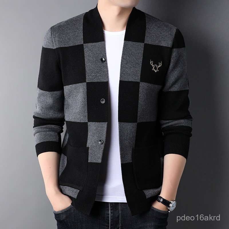 Kardigan Rajut Lengan Panjang Musim Semi dan Musim Gugur Gaya Korea Muda Kotak-kotak Trendy Jaket Sw