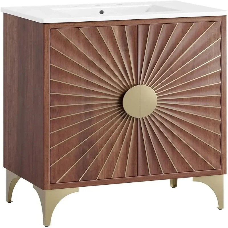 30 Inch White Walnut Bathroom Vanity Cabinet with Ceramic Sink Basin