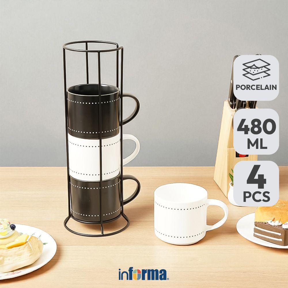 Informa Appetite Brielle Mug Porcelain Dengan Rak 480 ml Set 4 Pcs - Hitam/Putih Gelas Minum Tea Can
