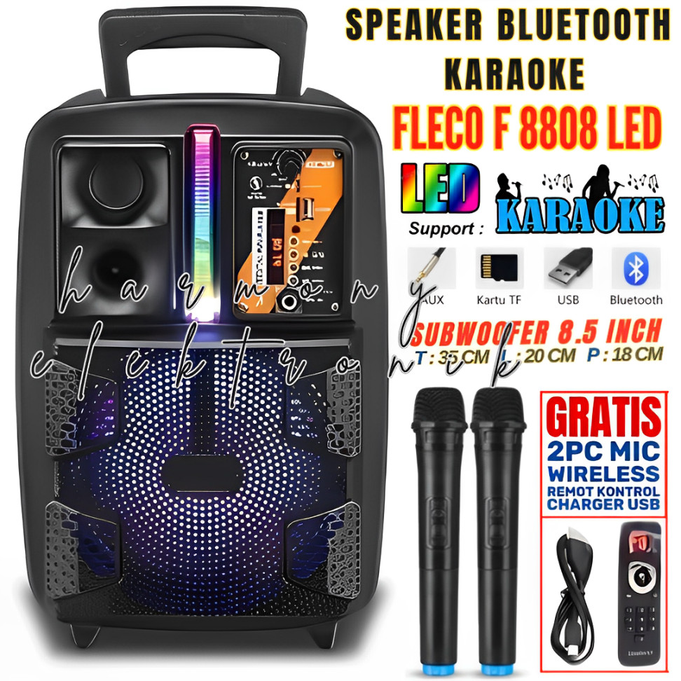 UKURAN BESAR FLECO F 8808 | SPEAKER BLUETOOTH FLECO LED 8'5 INCH FREE 2 MIC WIRELESS KARAOKE + REMOT