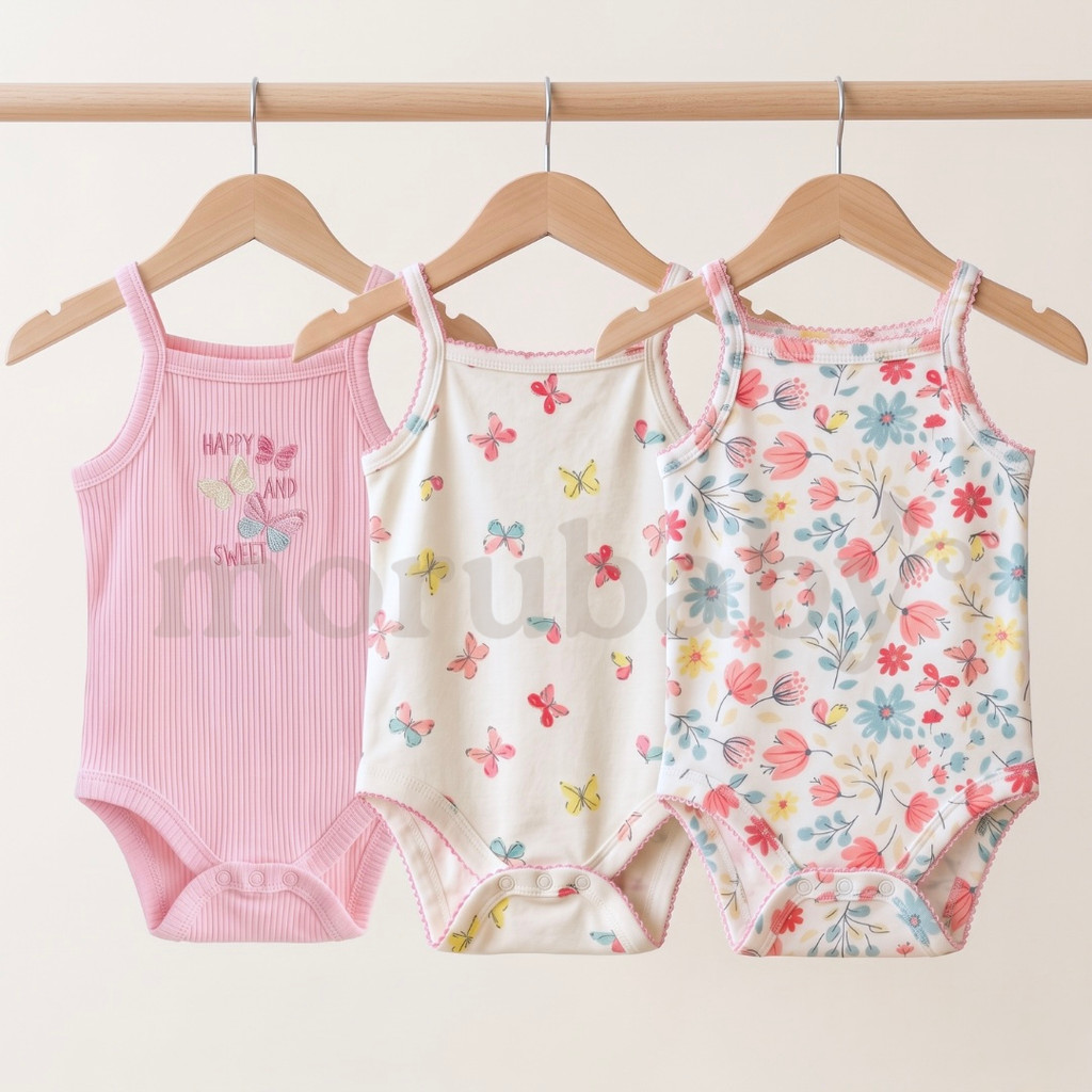 MORUBABY - Jumper Bayi Kutung 3pcs Unisex Bodysuit Sleeveless Katun Lembut 0-9bulan (3VS FLUTTER)