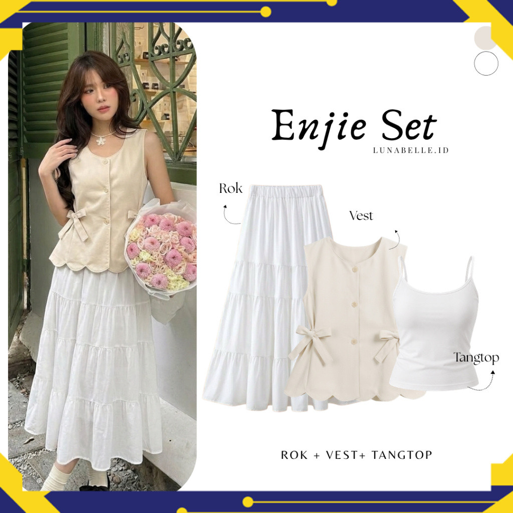 3in1 Set Enjie - Oneset - [ Vest + Rok + Tangtop ] Outfit simple wanita | Feminim ellegant look outf