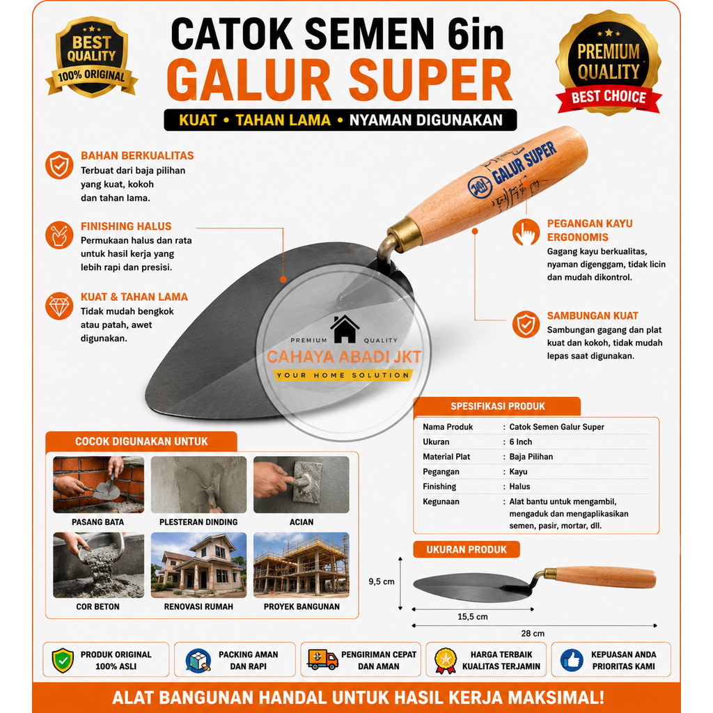 Catok Semen 6 Inch Galur Super Original | Roskam Tukang Bangunan | Sendok Semen Baja | Alat Plester 