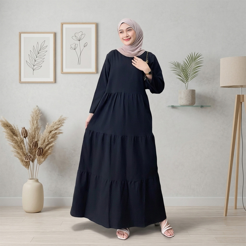 Gamis Susun Bahan Linen Crinkle Premium Dress Wanita Muslim Simple Elegan