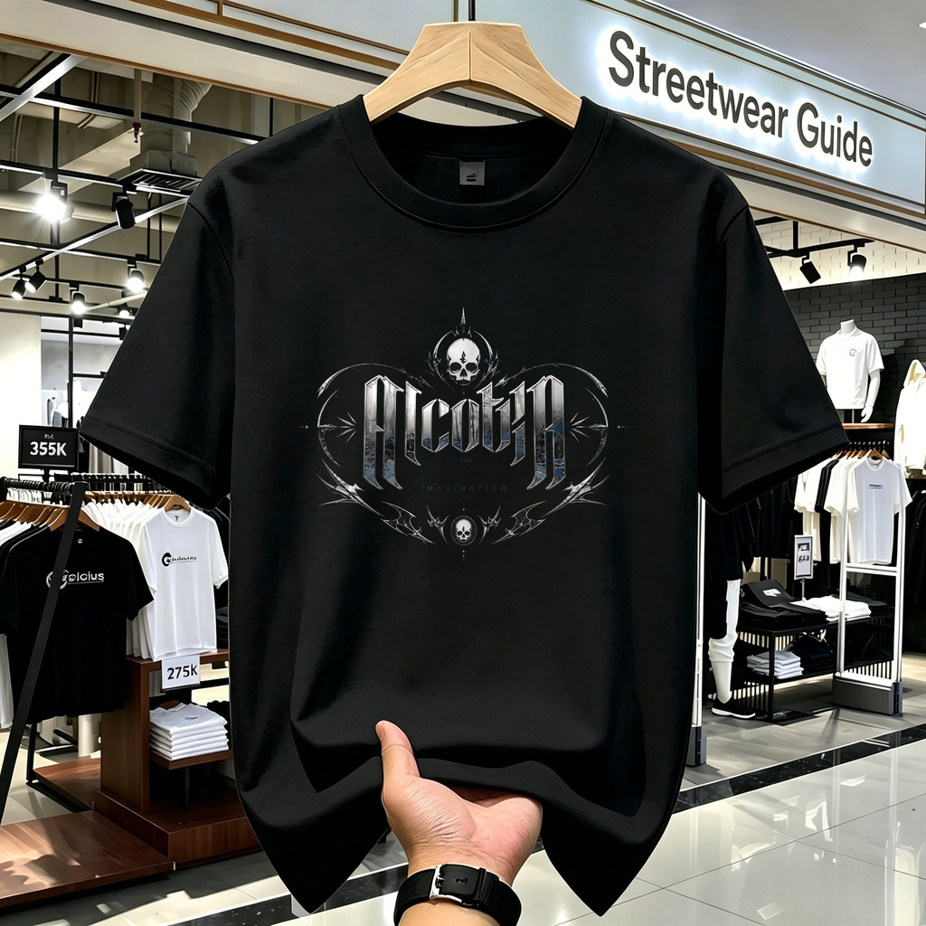 Kaos Distro Unisex Hitam Motif Tipografi Gothic Alcotra Streetwear Vintage Retro