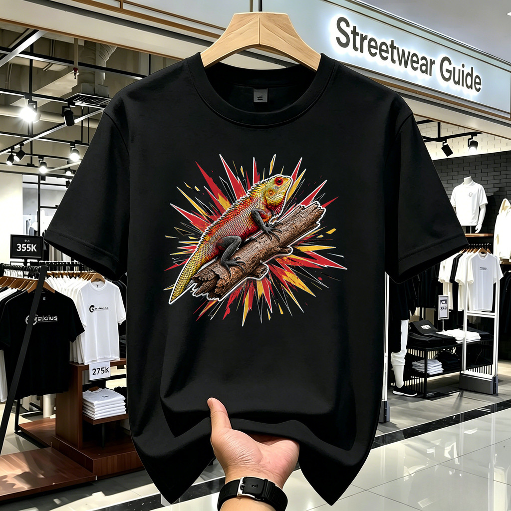 Kaos Distro Unisex Motif Kadal Warna-warni di Dahan Pohon Gaya Nature Vintage