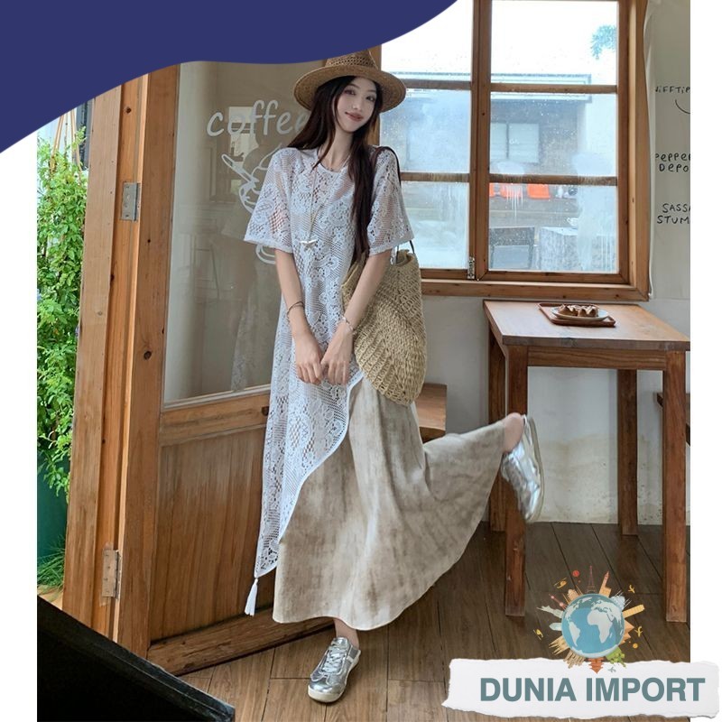 [Duniaimport] Celana overall gaya liburan terbaru, kardigan renda berongga asimetris, jaket wanita