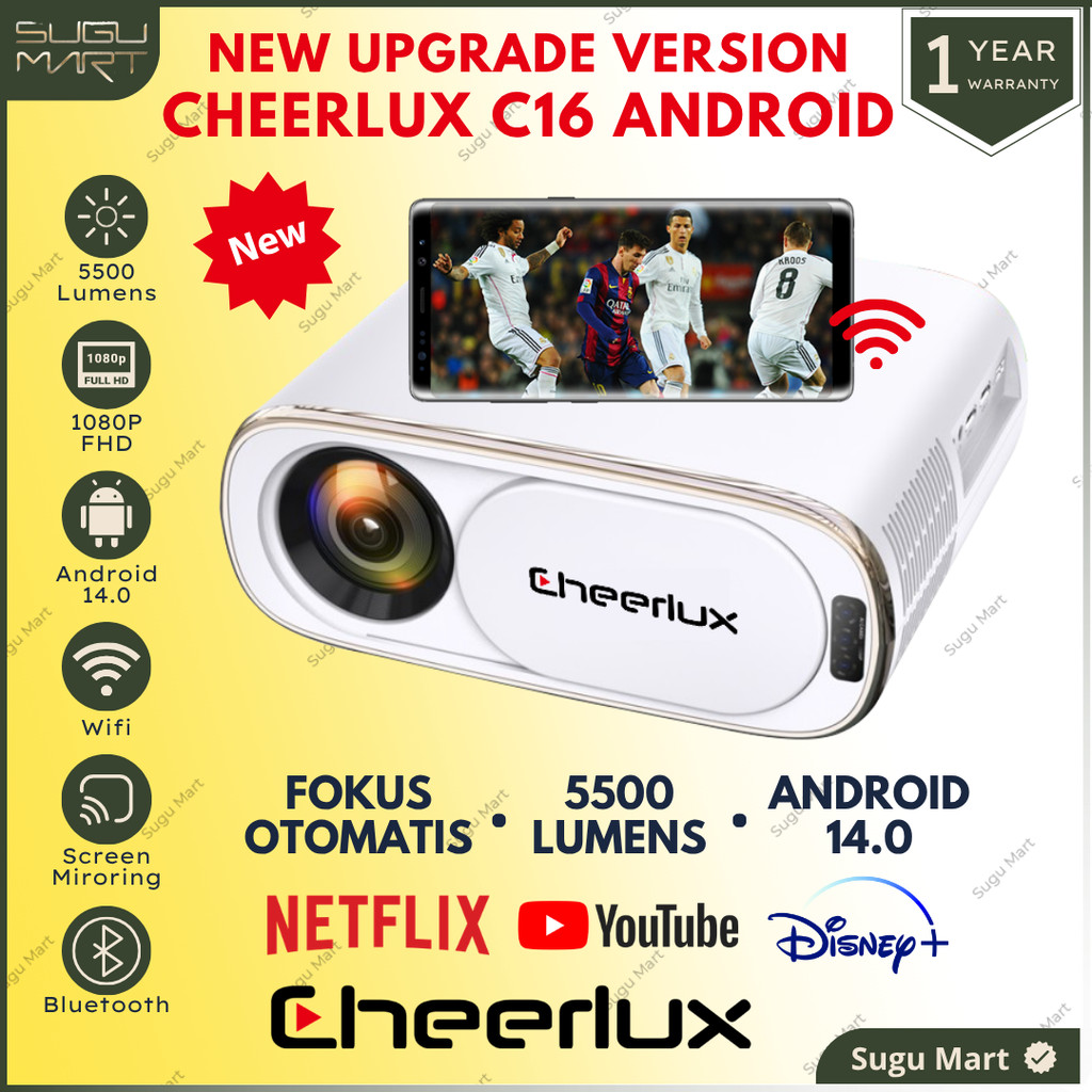 Proyektor Cheerlux C16 Android 5500 Lumens Full HD 1080P Auto Focus | Proyektor Android Bluetooth | 