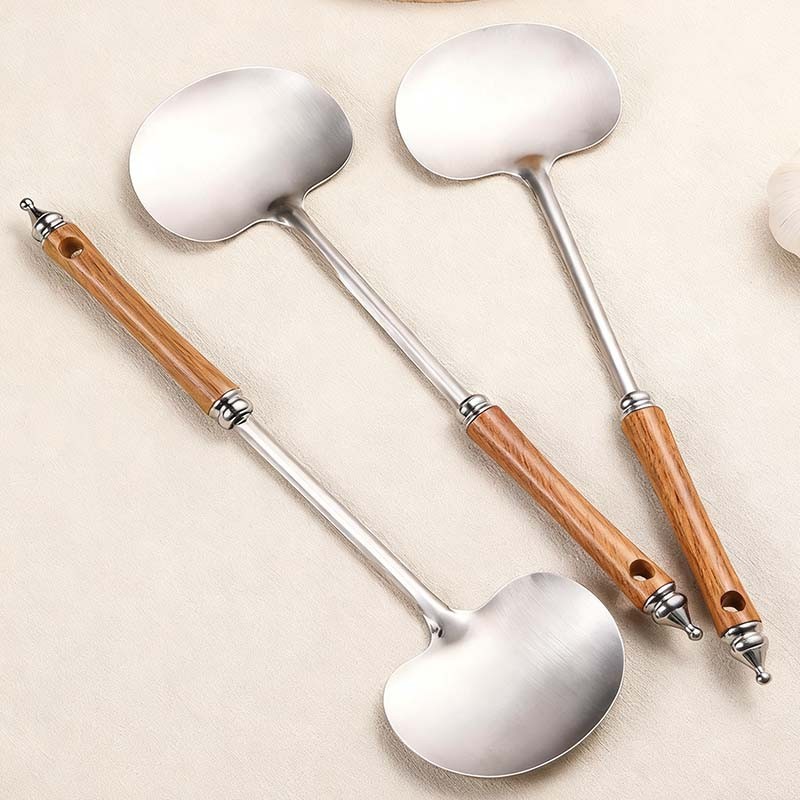 Pegangan Kayu Stainless Steel Jamur Sekop Rumah Tangga Sendok Spatula Pegangan Panjang Tumis