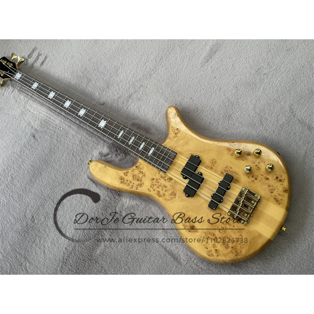 4 Strings Bass Guitar Ash Wood Body Burl Maple Top Fixed bridge Gold Tuner Active battery Spe bass