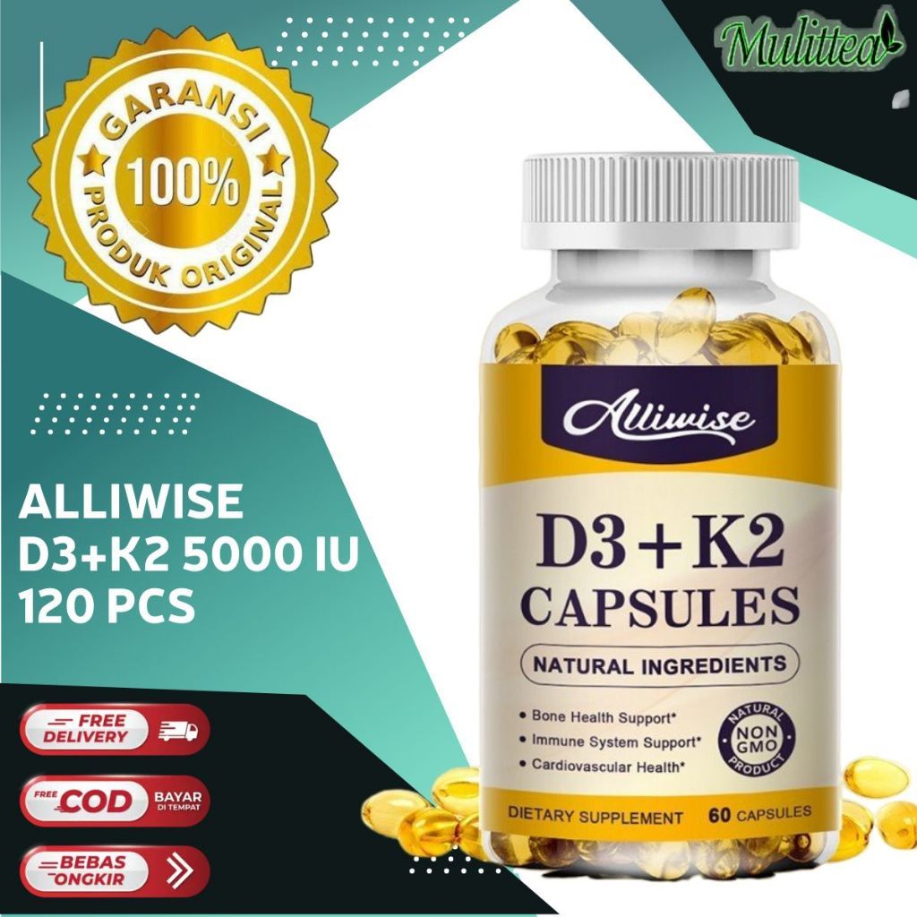 Alliwise USA Vitamin D3K2 120 pcs Kapsul Tulang dan Gigi Penopang Rangka Mencegah nyeri sendi