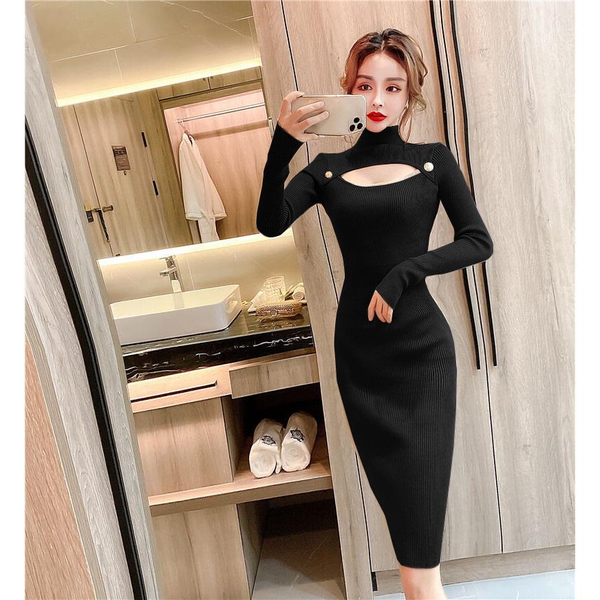 202511v Gaun rajut leher tinggi, baju setengah panjang rajut leher tinggi untuk musim gugur dan musi