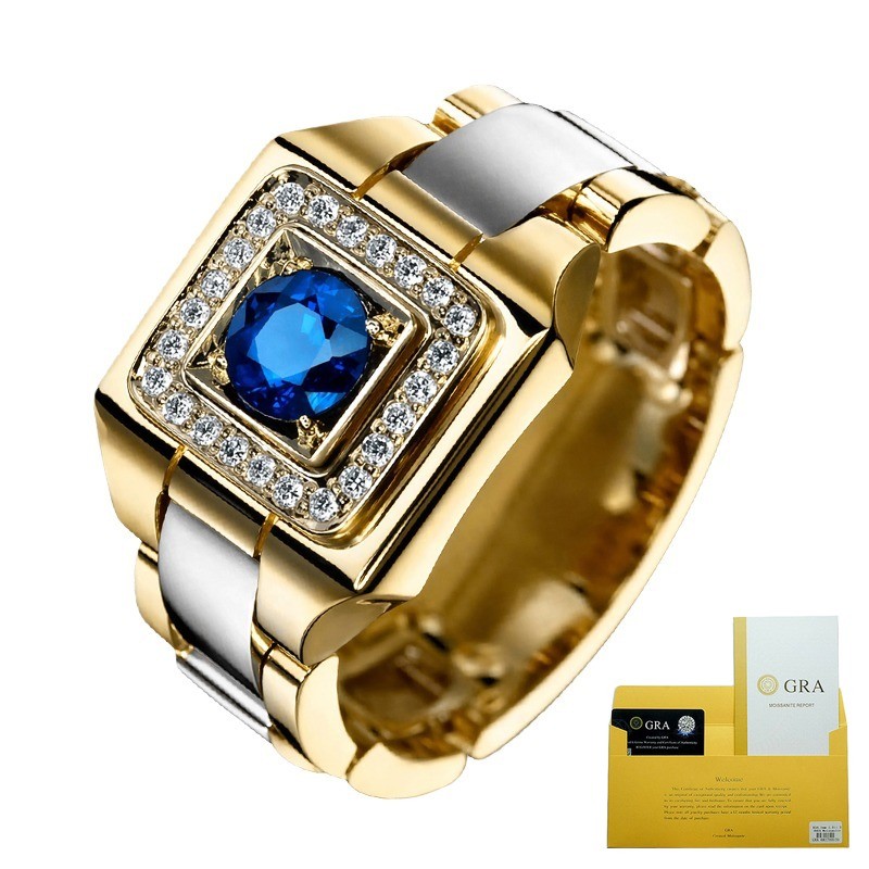 (With Gra Certificate) Cincin Rantai Jam Tangan Lapis Emas Dengan Tatahan Moissanite Biru - Cincin T