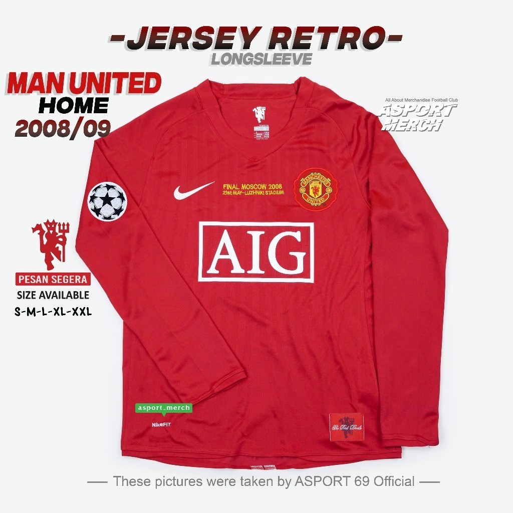 ASPORT JERSEY RETRO MU MAN UNITED 2008 2009 HOME FINAL MOSC0W LONG SLEEVE