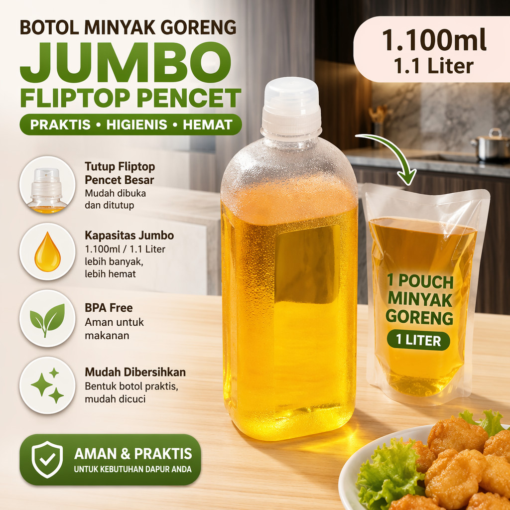 Botol Minyak goreng Sayur Fliptop Pencet Besar Jumbo 1100ml 1.1 Liter squeeze dispenser Tempat Wadah 1 Pouch Minyak Goreng 1 Liter Saus Saos Sambal Tomat Kecap Manis Asin Chili Sauce Cabai Anti Tumpah Oil bottle kitchen Flip Top Plastik Elastis Anti Slip