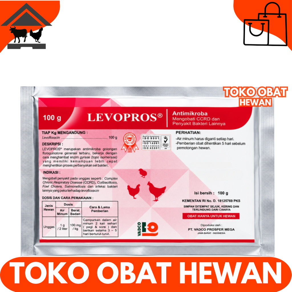 LEVOPROS 100 GRAM VADCO - Obat Ayam Cekres Batuk Crd Colibacilosis Salmonella Fowl Cholera CCRD  Lik