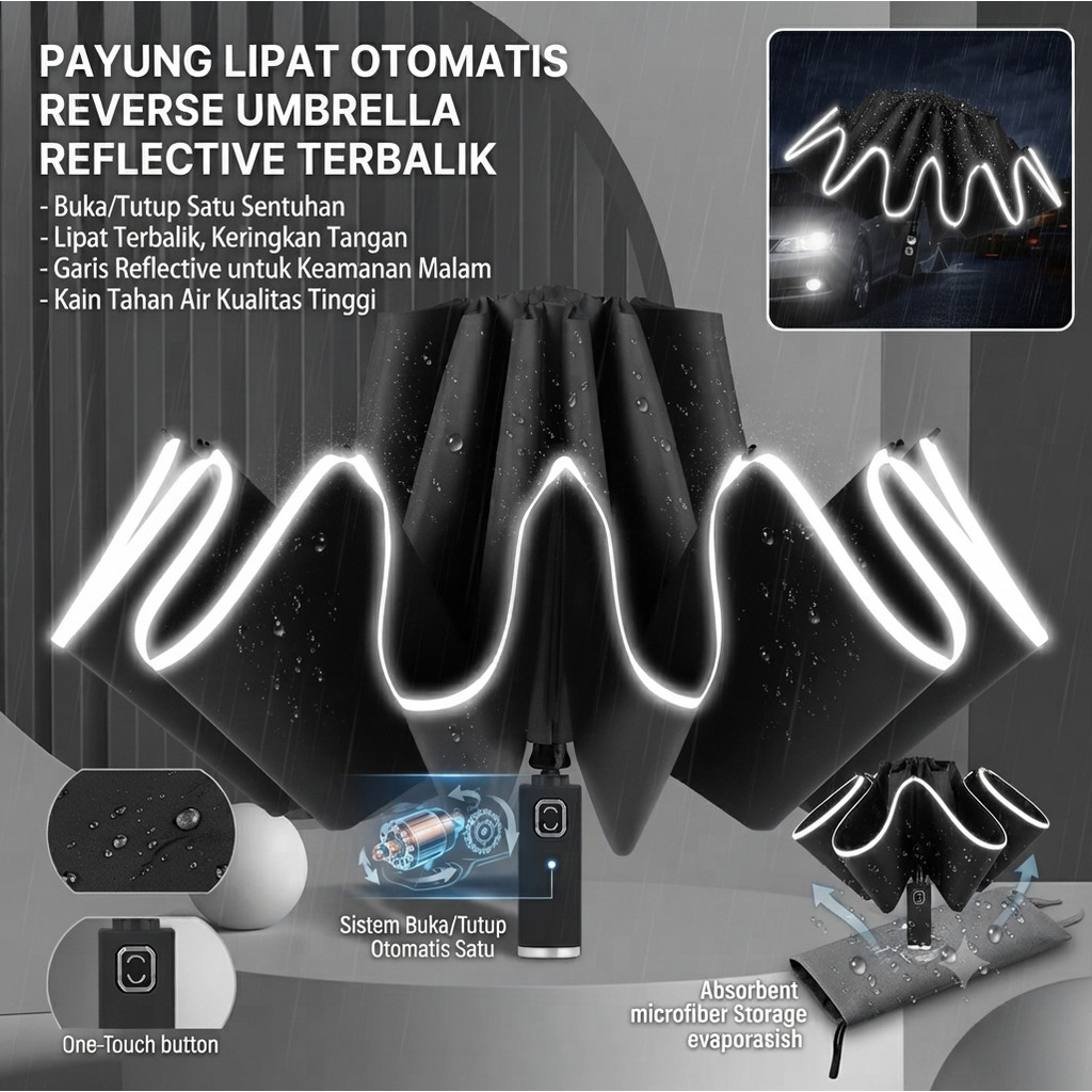 Payung Lipat otomatis Reverse Umbrella Reflective Terbalik