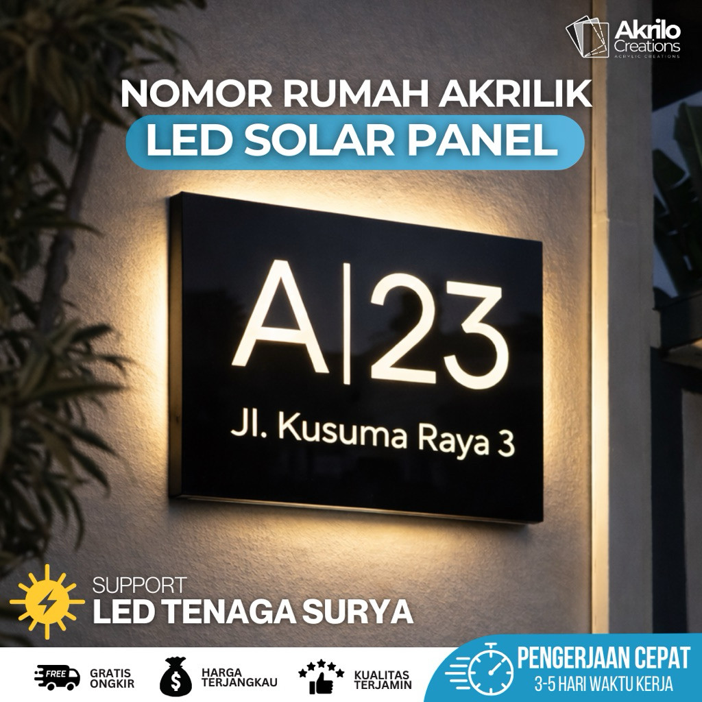 Nomor Rumah Solar Panel LED | Lampu Alamat Rumah Otomatis Tanpa Kabel | Custom Nama & Nomor