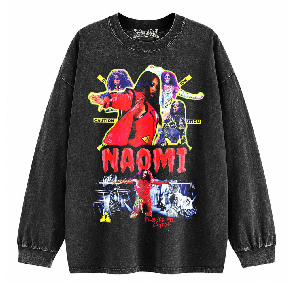 ZADA NAJAH Kaos Oversize Longsleeve Stone Black Washed Naomi Wwe Vintage Graphic Tee Unisex Premium 