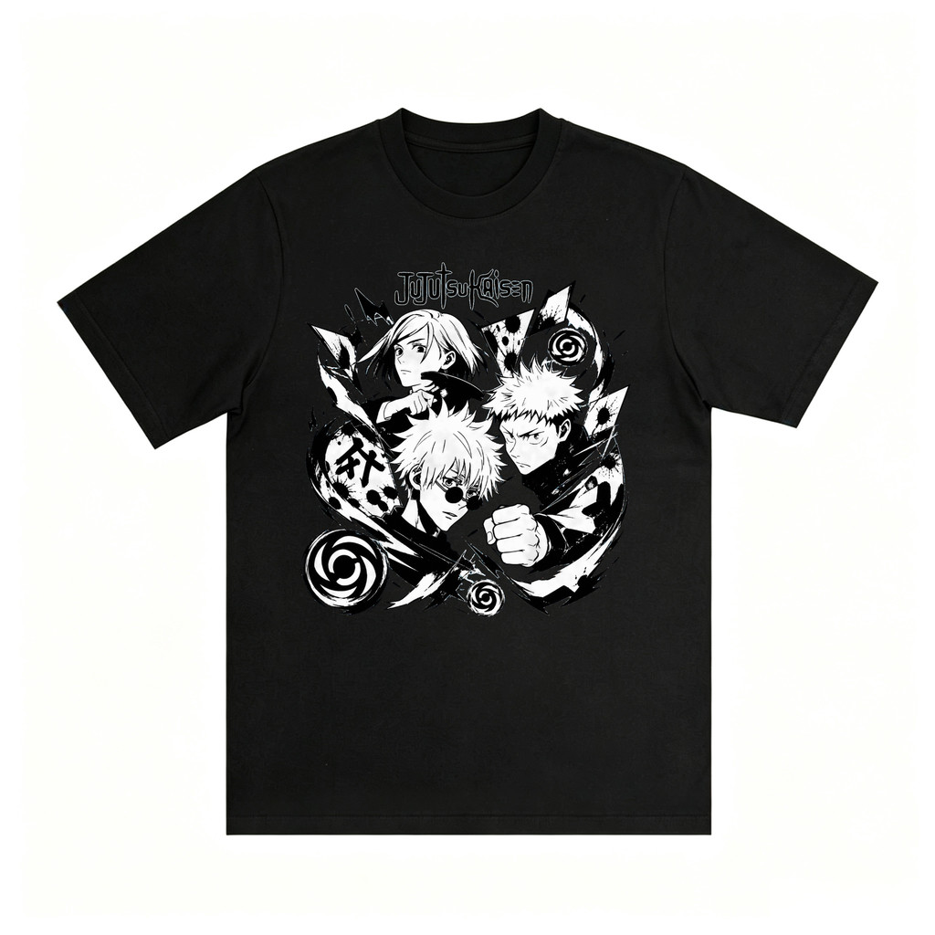 Kaos Oversize Anime Jujutsu Kaisen Trio Yuji Itadori Satoru Gojo Nobara Kugisaki Pose Bertarung Gaya