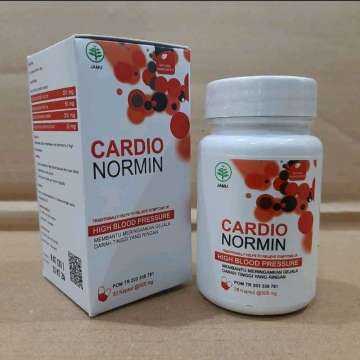 Suplemen Kesehatan CARDIO NORMIN untuk Tekanan Darah Tinggi dengan Kemasan Kotak dan Botol Putih.