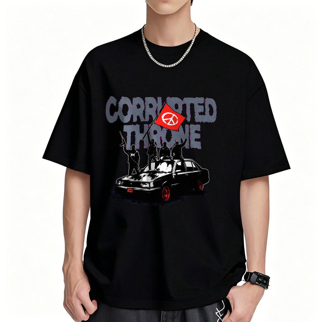 Kaos Band Merch Corrupted Throne Motif Tulisan Retro Vintage Oversized T Shirt Untuk Pria Wanita Str