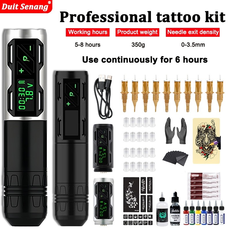 Kit Tato Profesional Mesin Tato Nirkabel Kit Pena Tato Cocok untuk pemula dan seniman tato profesion