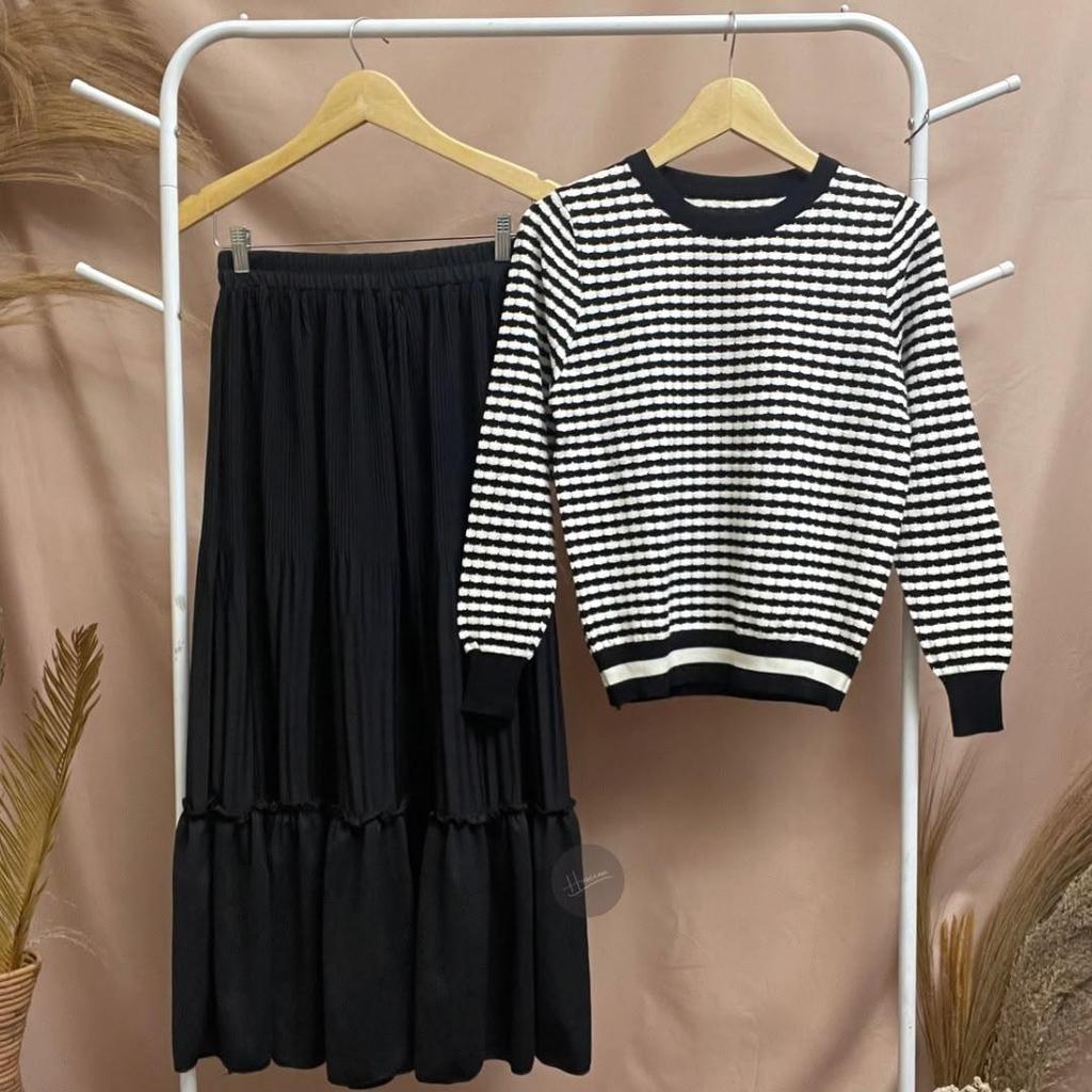 Haseena Set Bundle Nayla Sweater Rajut Stripe Rok Plisket Susun Ruffle Wanita Casual Kekinian
