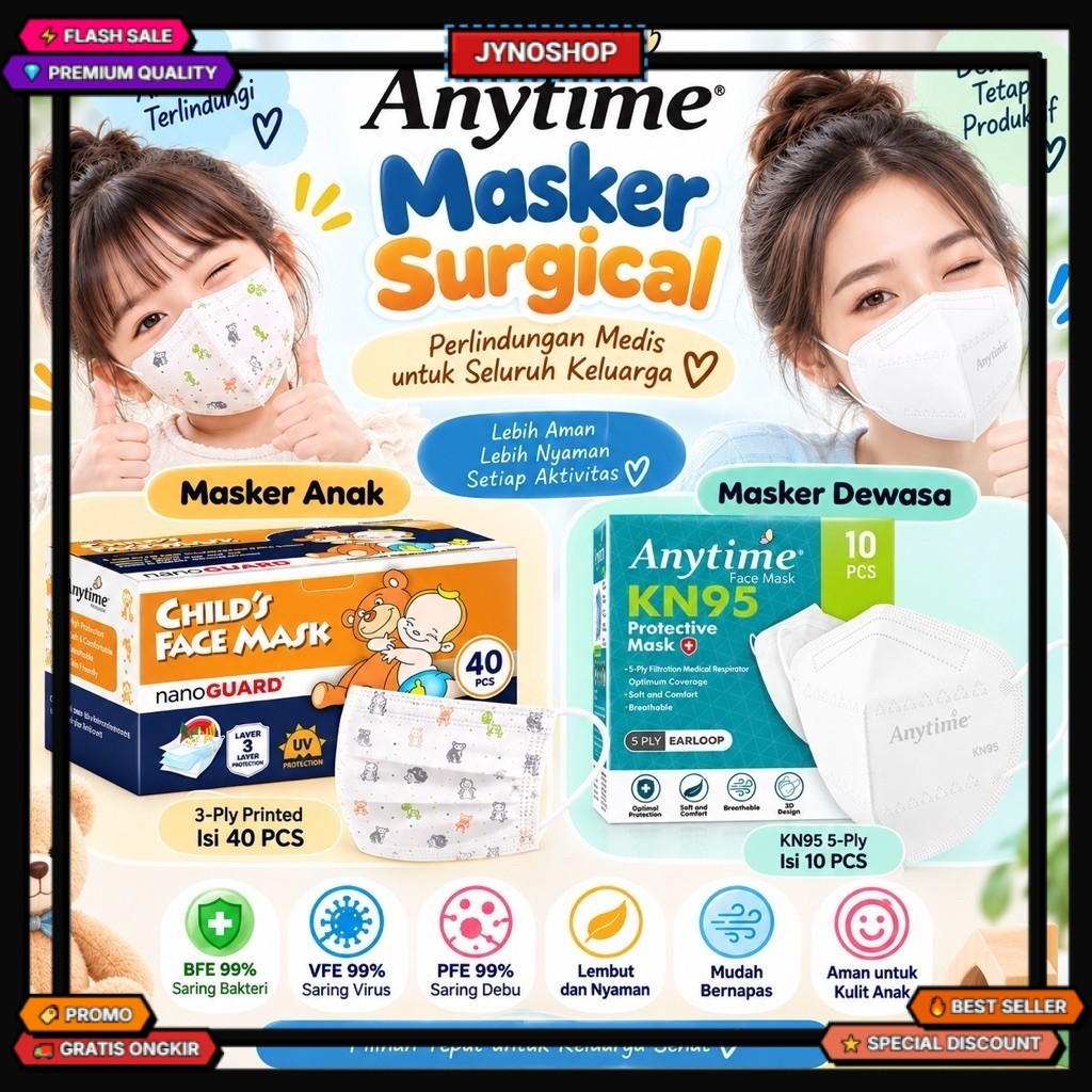 Promo Anytime Masker Medical Protective 3PLY 4PLY KN95 Duckbill Anak Anti UV Sinar Matahari Masker B
