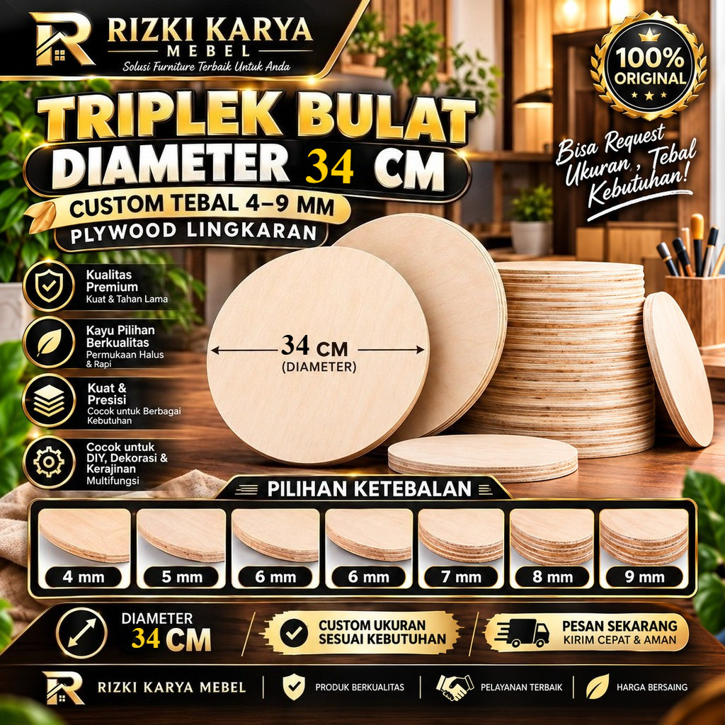 Triplek Bulat Diameter 34 CM | Custom Tebal 4–9 MM | Plywood Lingkaran