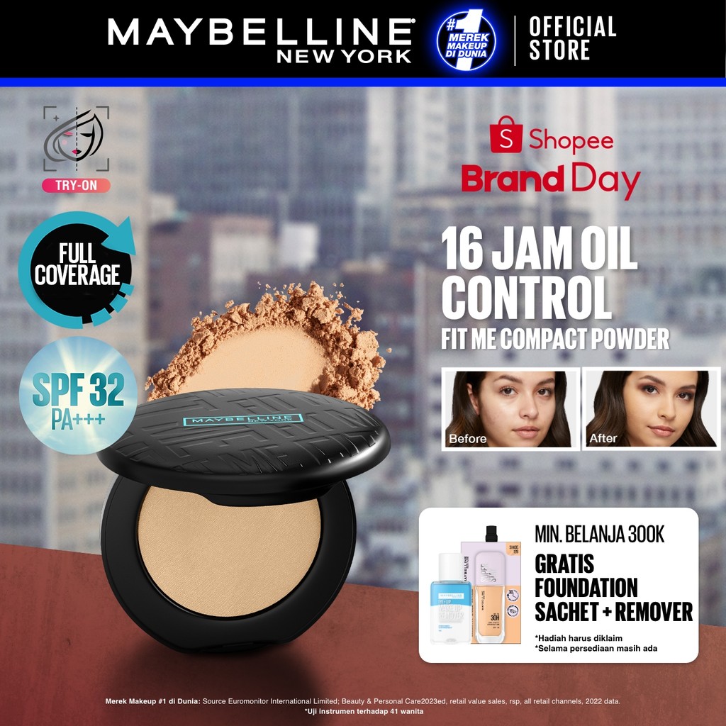 Maybelline Fit Me Matte + Poreless 16 Jam Oil Control Compact Powder Make Up Bedak Padat tahan 16 Ja