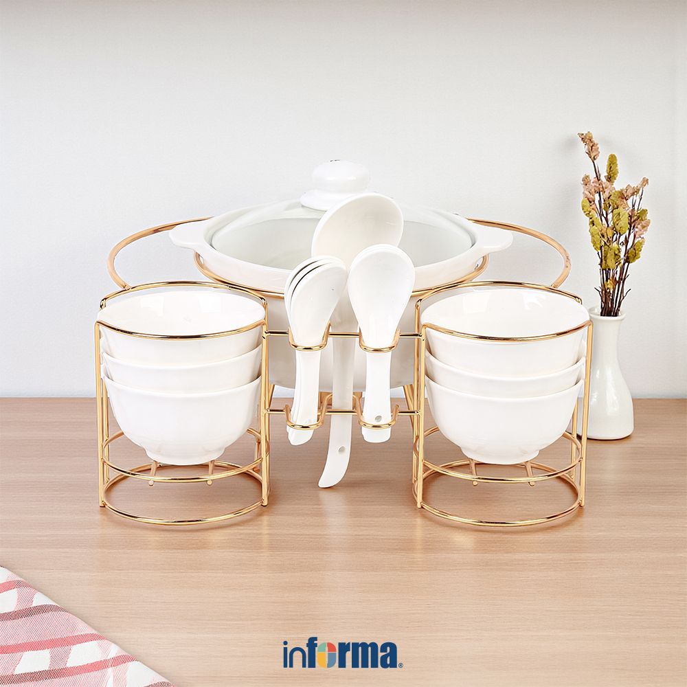 Informa Appetite Sara Mangkuk Saji Porcelain Dengan Rak Set 7 pcs - Putih Mangkok Saji Serving Bowl 