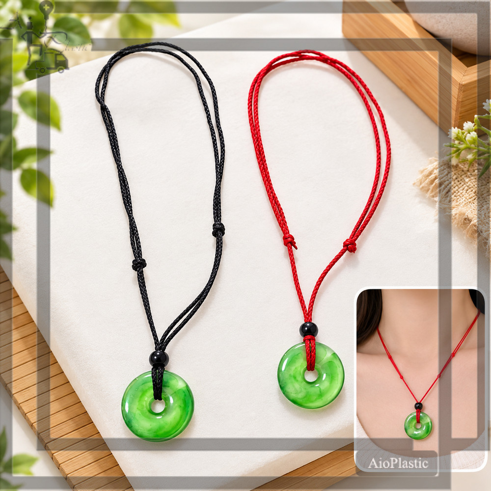 Kalung Giok Hijau Donat Kalung Tali Giok Tali Hitam dan Merah Tali  Adjustable Pria Wanita Unisex | 