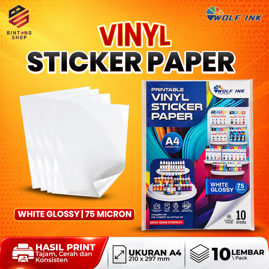 Kertas Stiker Vinyl WOLF INK White Glossy A4 75 Mikron 10 Lembar Stiker Kemasan Anti Air Cutting Sti