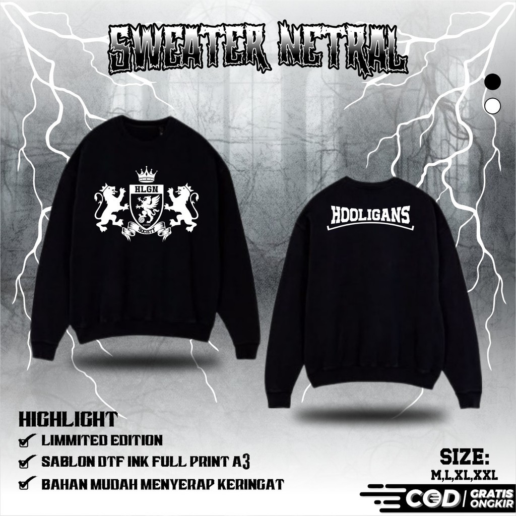 SWEATER NETRAL HOOLIGANS HLGN SOCIETY MOTIF SINGA SWEATER NETRAL LENGAN PANJANG - SWEATER NETRAL BRO