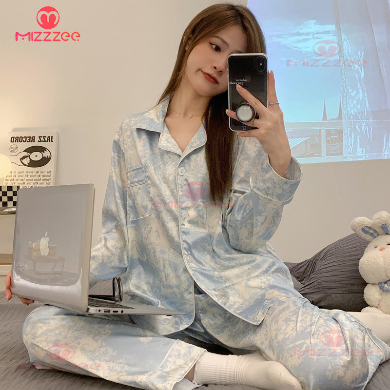 Mizzzee - Piyama Sutra Set Sutra es tie-dye Piyama Wanita Sutra Lengan Panjang Celana Panjang Cardig