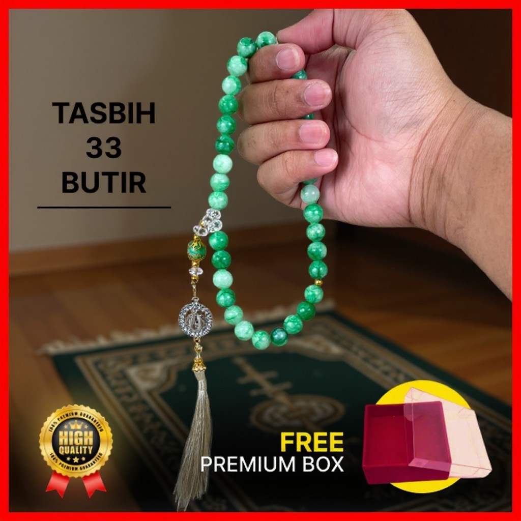 Tasbih Giok Hijau Asli 100% Batu Alam / Tasbih Giok Natural / Tali Karet Premium / Tasbih Kesehatan 