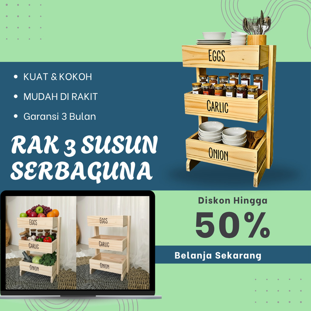 Rak bawang kayu 3 susun / Rak dapur / Rak kosmetik/ Rak perkakas/ Rak bawang