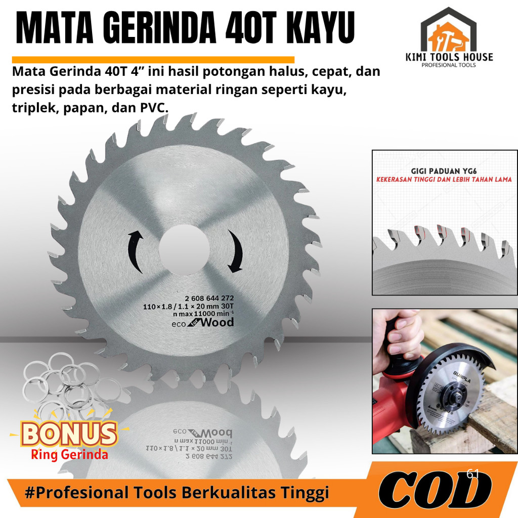 Termurah Mata Gerinda Kayu 40T 4" Grinder Mesin Pisau Potong Gergaji Tajam Circular Saw Blade Potong