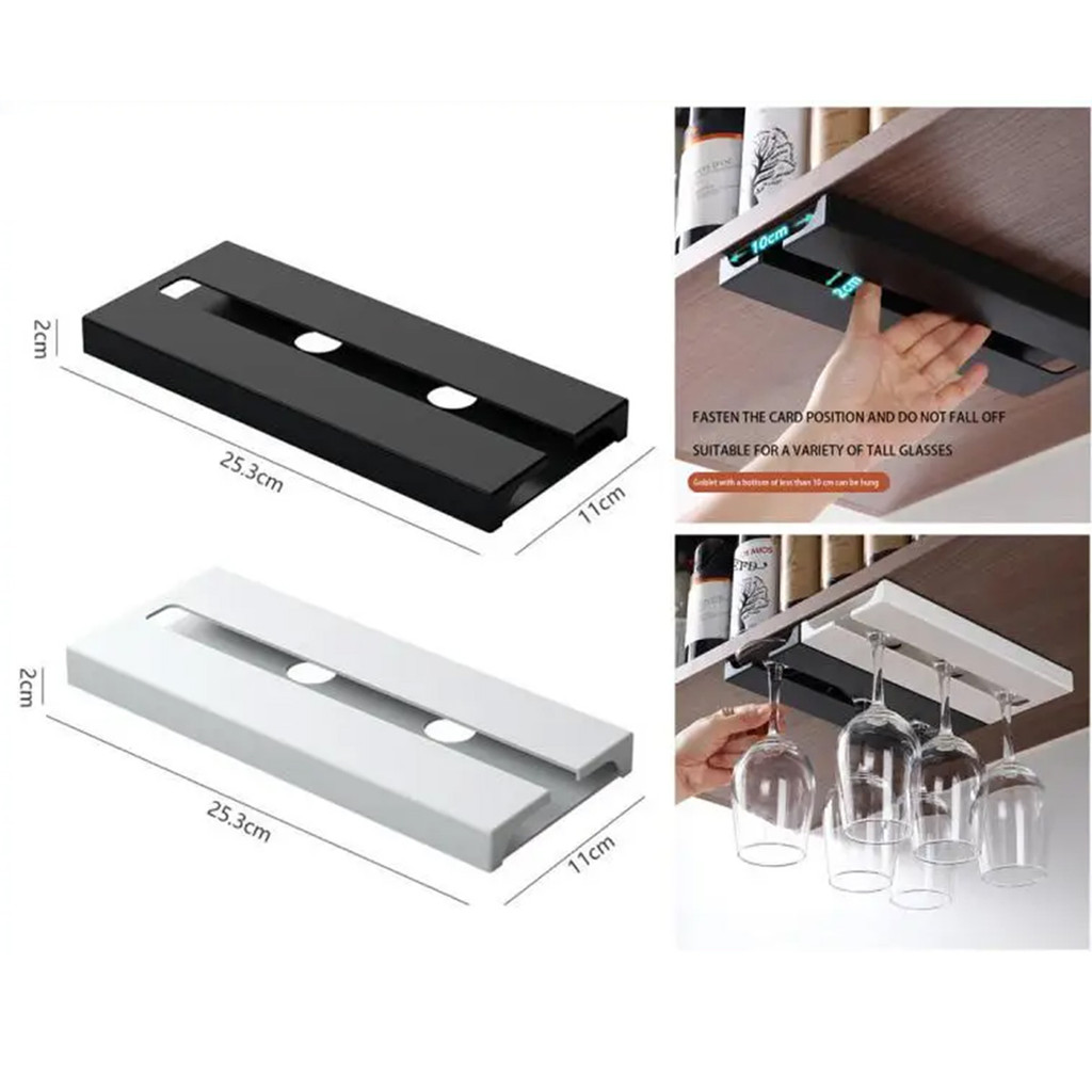 Rak Gelas Wine Gantung Tanpa Lubang Pengeboran, Inversi Kreatif untuk Dapur, Bar, Restoran [Hitam/Pu